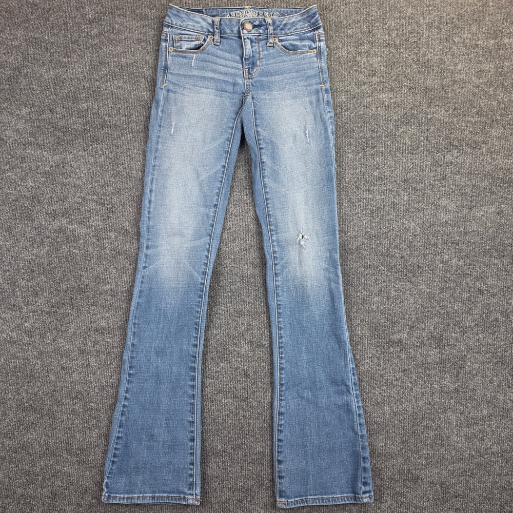 American Eagle Skinny Kick Jeans Women's 00 LONG Super Stretch Med Wash Low Rise